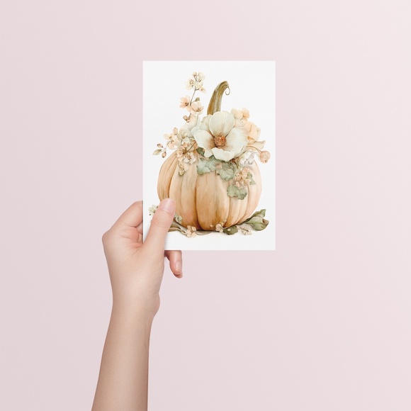 Watercolor Pumpkin with Flowers Wall Art Print Unframed - Cozy Autumn Elegance - Picture 6 of 7